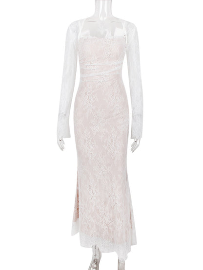 Trumpet Dress Lace-up Cutout Floral Embroidery Long Sleeves Prom Dresses
