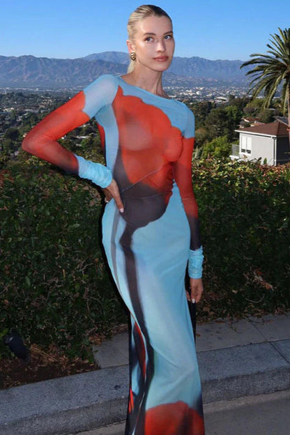 Floral Mesh Sheer Round Neck Split Maxi Dress