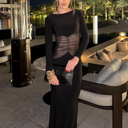 Long sleeve ruched mesh solid maxi dress