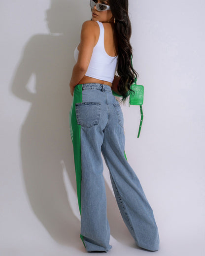 High Waisted Straight Pants Casual Pants Striped Patchwork Jeans