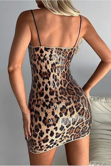 Print Sequin Spaghetti Strap Bodycon Mini Dress