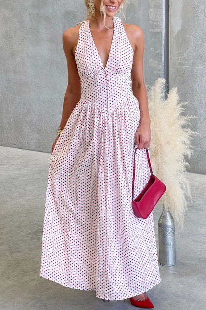 Polka Dot Print Halter Neck Fitted Waist Holiday Maxi Dress