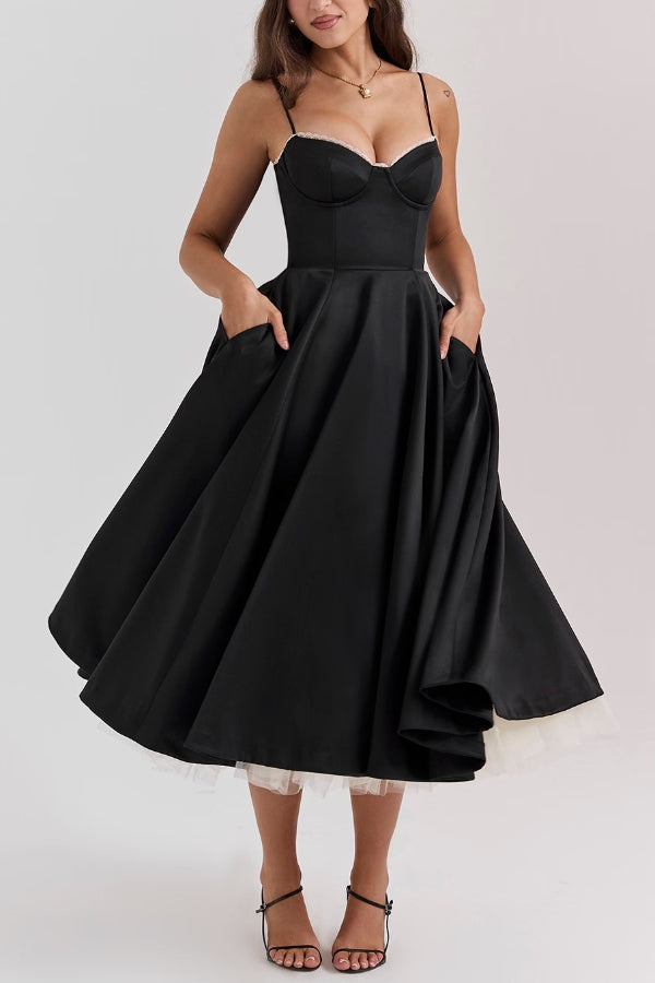 Lace Trim Sweetheart Corset Bodice Tulle Petticoat Fit and Flare Midi Dress