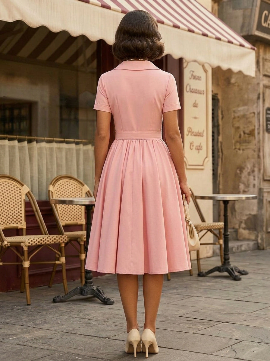 Retro Glamour Dress 1950s Style V-Neck Buttons Layered Short Sleeves Medium Rockabilly Dress