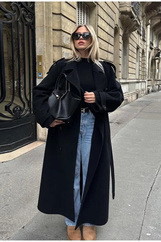 Elegant Turn-Down Collar Double-Breasted Long Overcoat