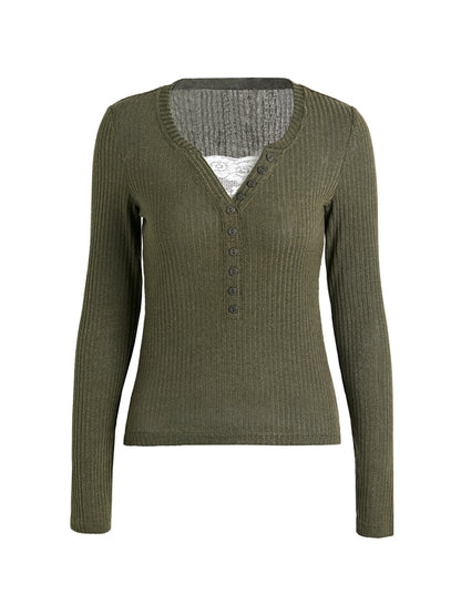 Lace Paneled Button Long Sleeve Knit Top