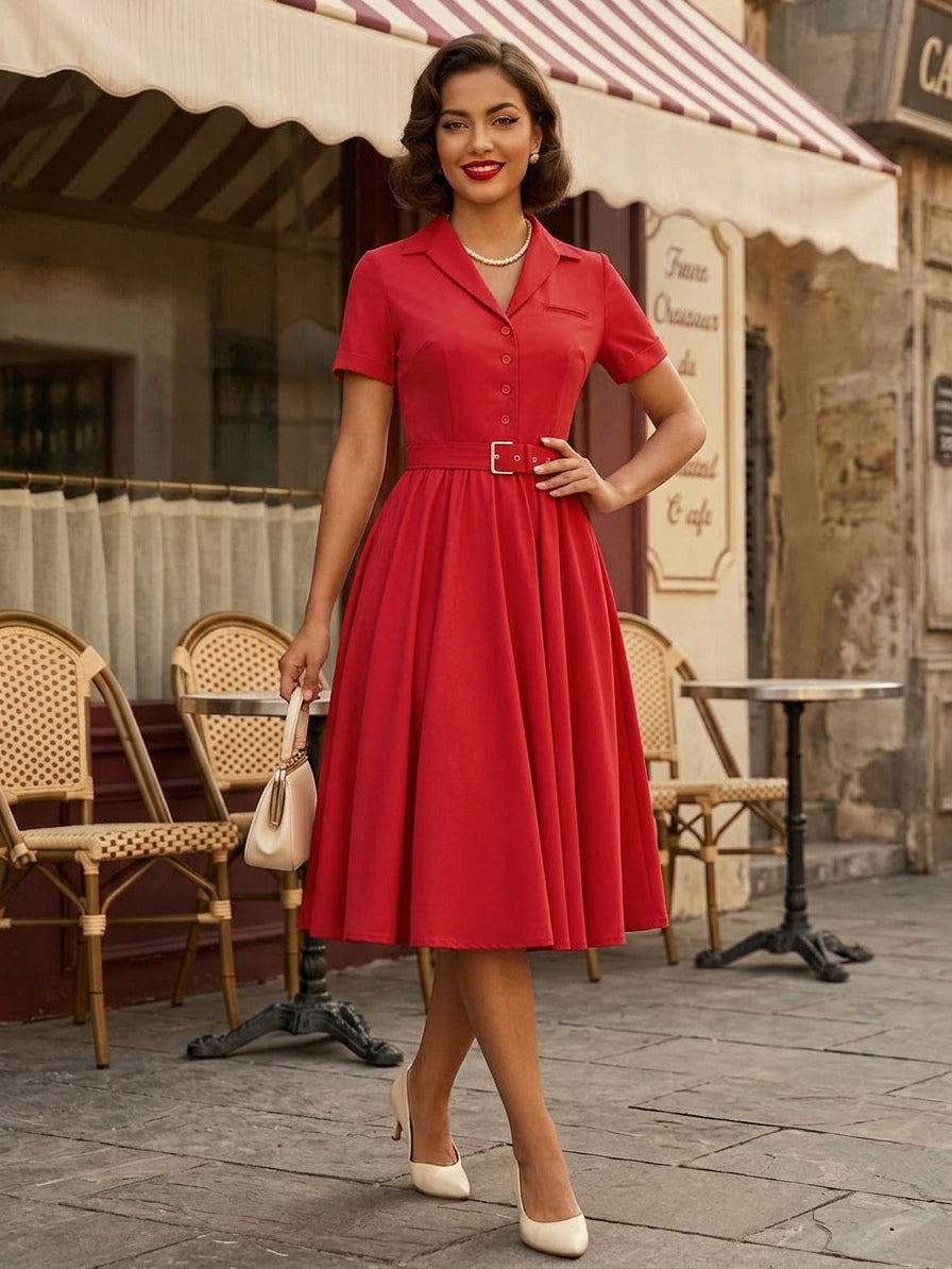 Retro Glamour Dress 1950s Style V-Neck Buttons Layered Short Sleeves Medium Rockabilly Dress