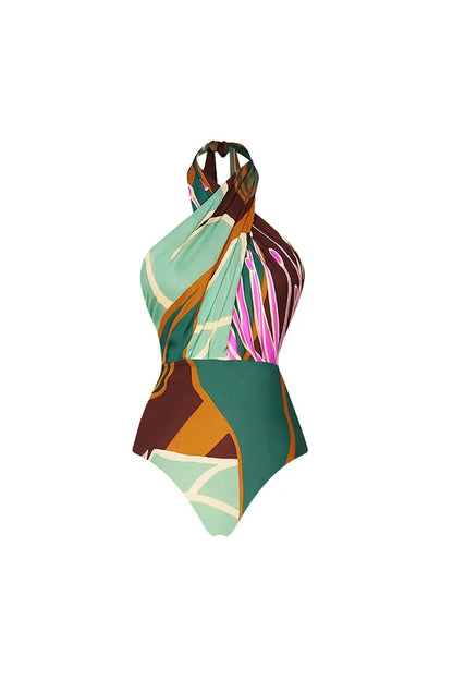 Halter Cross Backless Floral Swimsuit Set