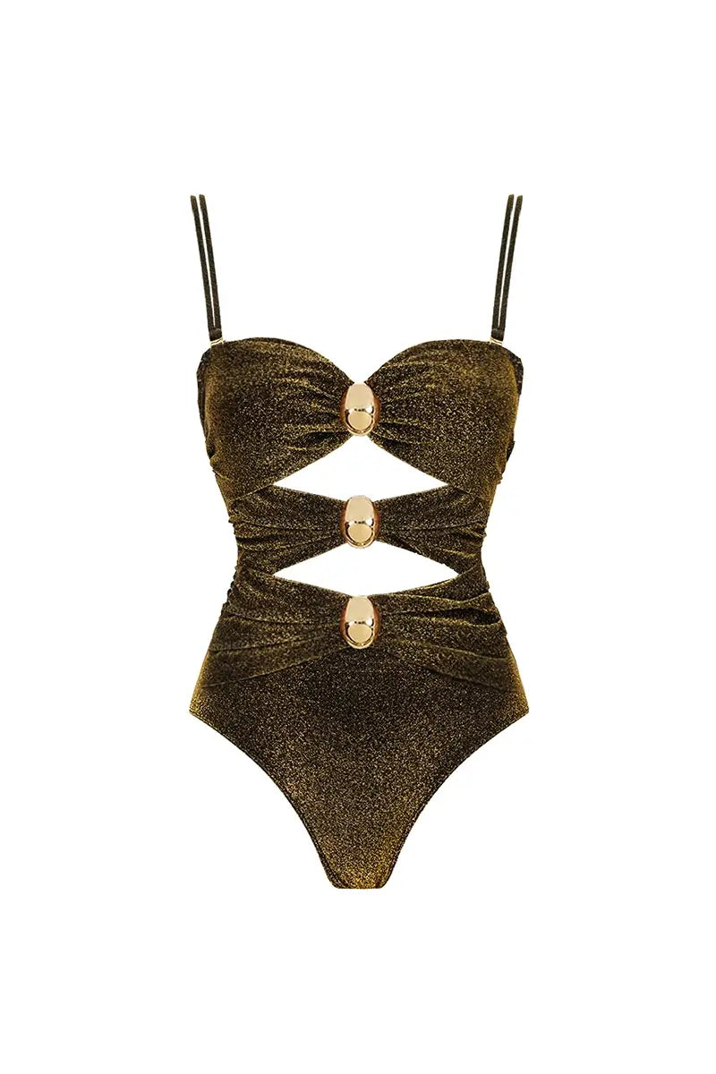 Gold Buckle Cutout Glossy One Piece Swimsuit Set