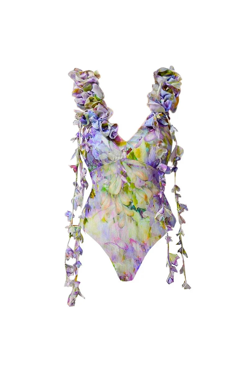 Floral Appliqué Tie-Up Fairy Style Swimsuit