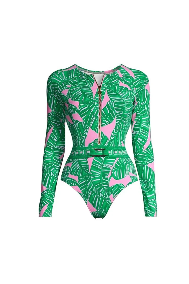 Green Zip-Up Floral Surf Set