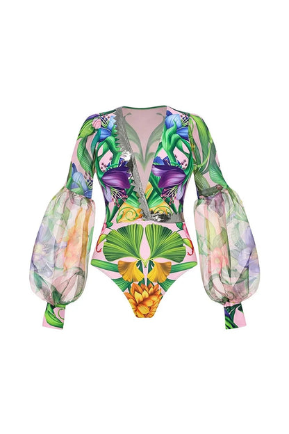 Deep V Lantern Sleeve Printed Swimsuit Set