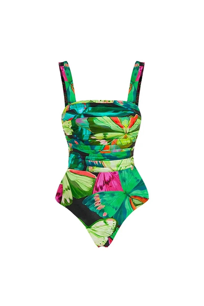 Butterfly Print Ruched Slimming Swimsuit Set