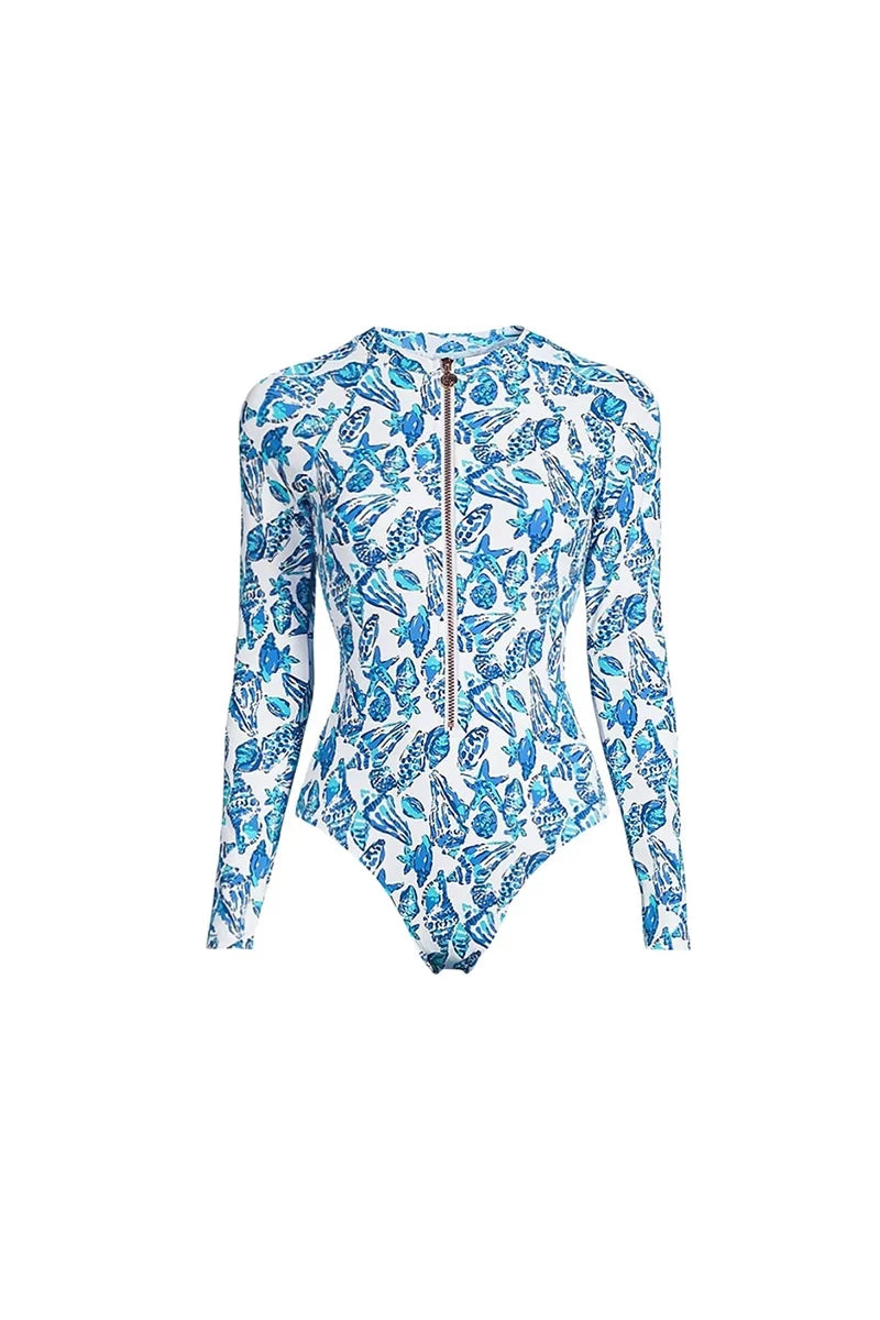 Green Zip-Up Floral Surf Swimsuit Set