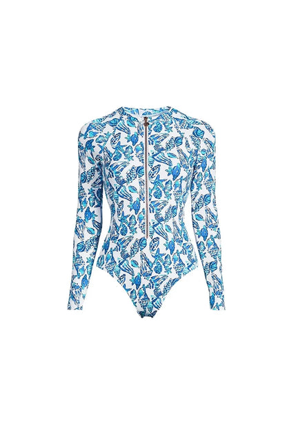 Green Zip-Up Floral Surf Swimsuit Set