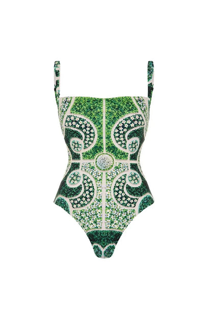 Green Ethnic Print One Piece Swimsuit Set