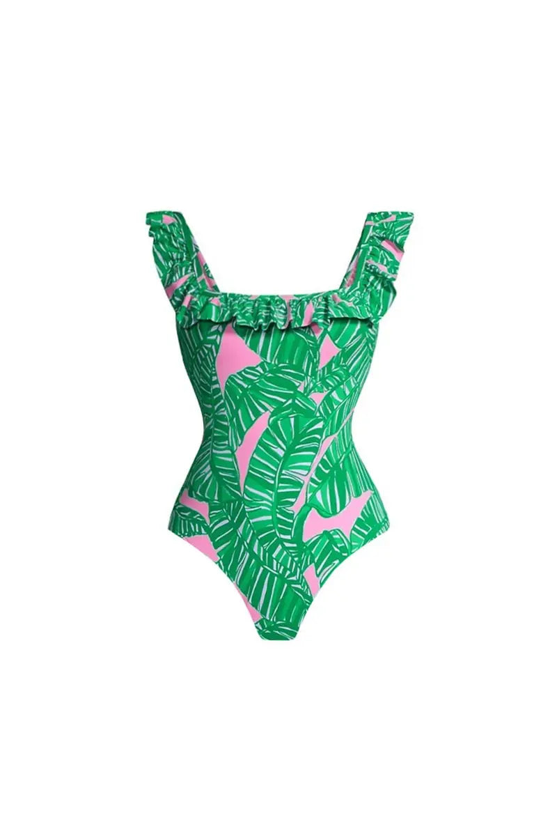 Green Ruffle Print One Piece Swimsuit