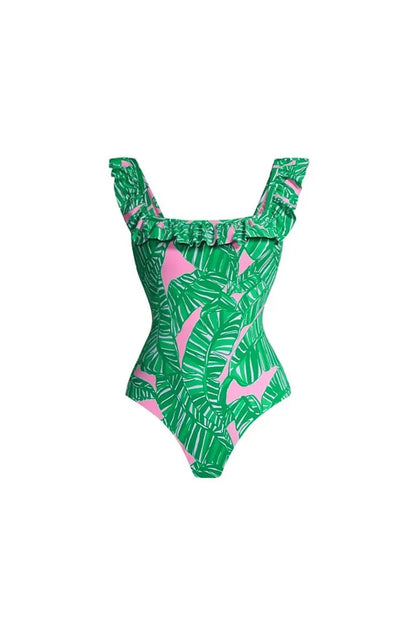 Green Ruffle Print One Piece Swimsuit