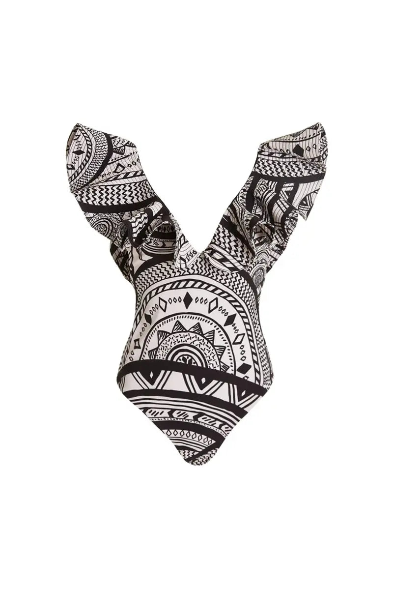 Deep V Ruffle Vintage Print Swimsuit