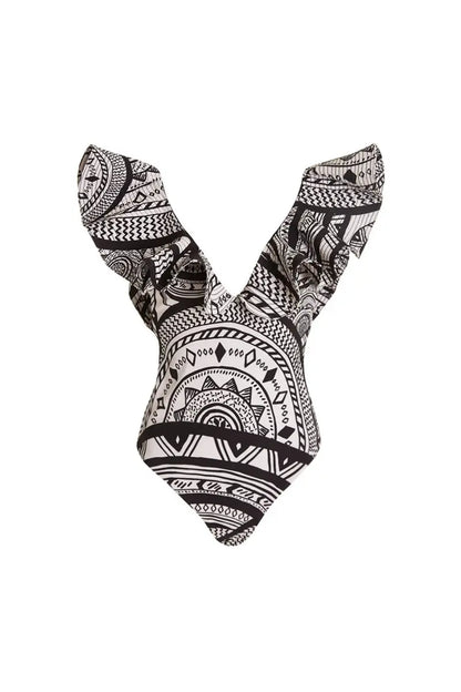 Deep V Ruffle Vintage Print Swimsuit