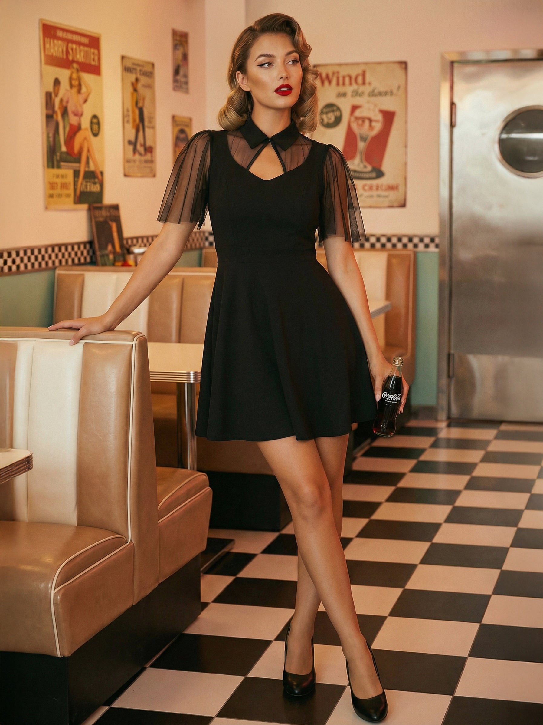 Mesh Patchwork Hollow Out Neckline A Line Skater Dress For Women 2026