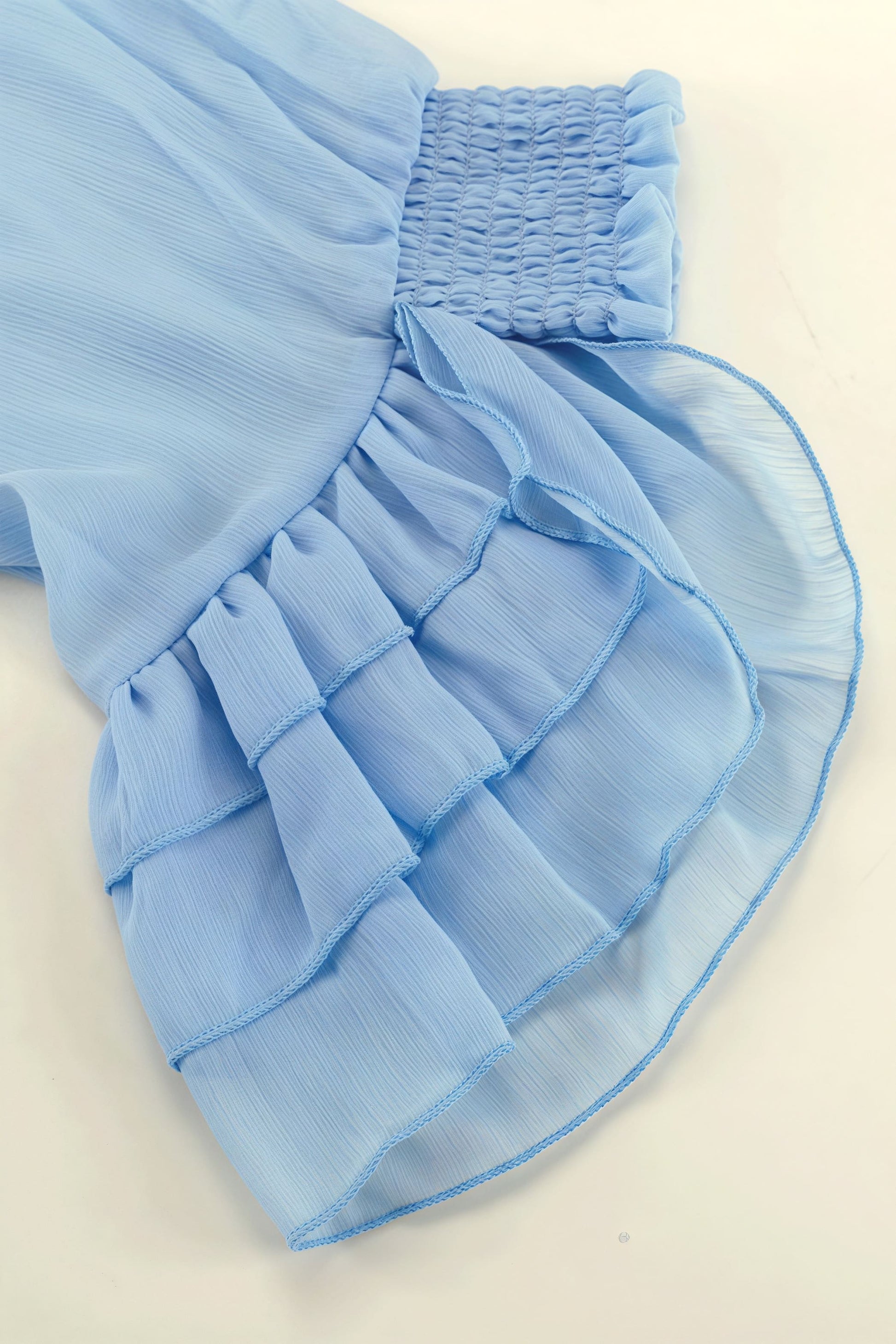 Tie Neck Sheer Mesh Bishop Sleeve Tiered Ruffle Mini Dress