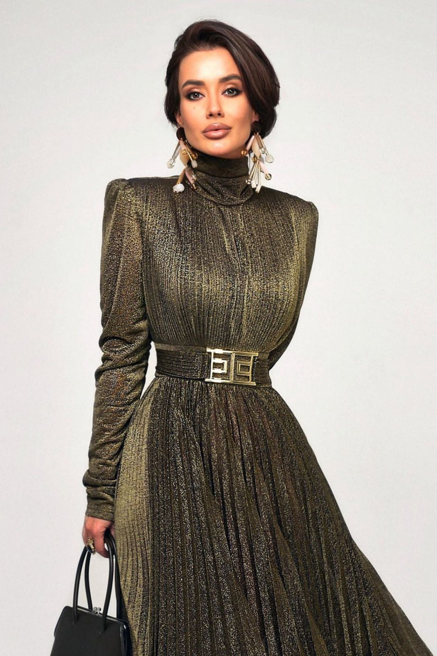 Elsie Metallic Pleated Belted Maxi Dress