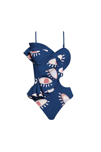 Evil Eye Ruffle Cutout One Piece Swimsuit