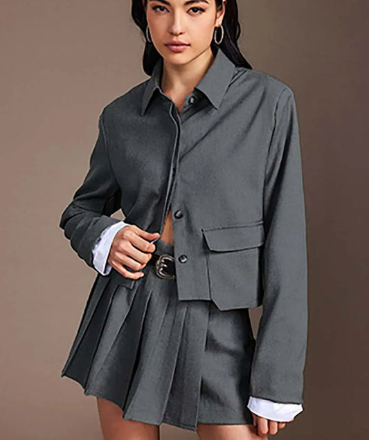 Grey Patchwork Pleated Mini Office Two Piece Set