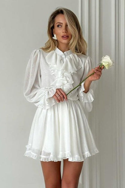Stand Collar Ruffle Front Bishop Sleeve Flared Hem Mini Dress
