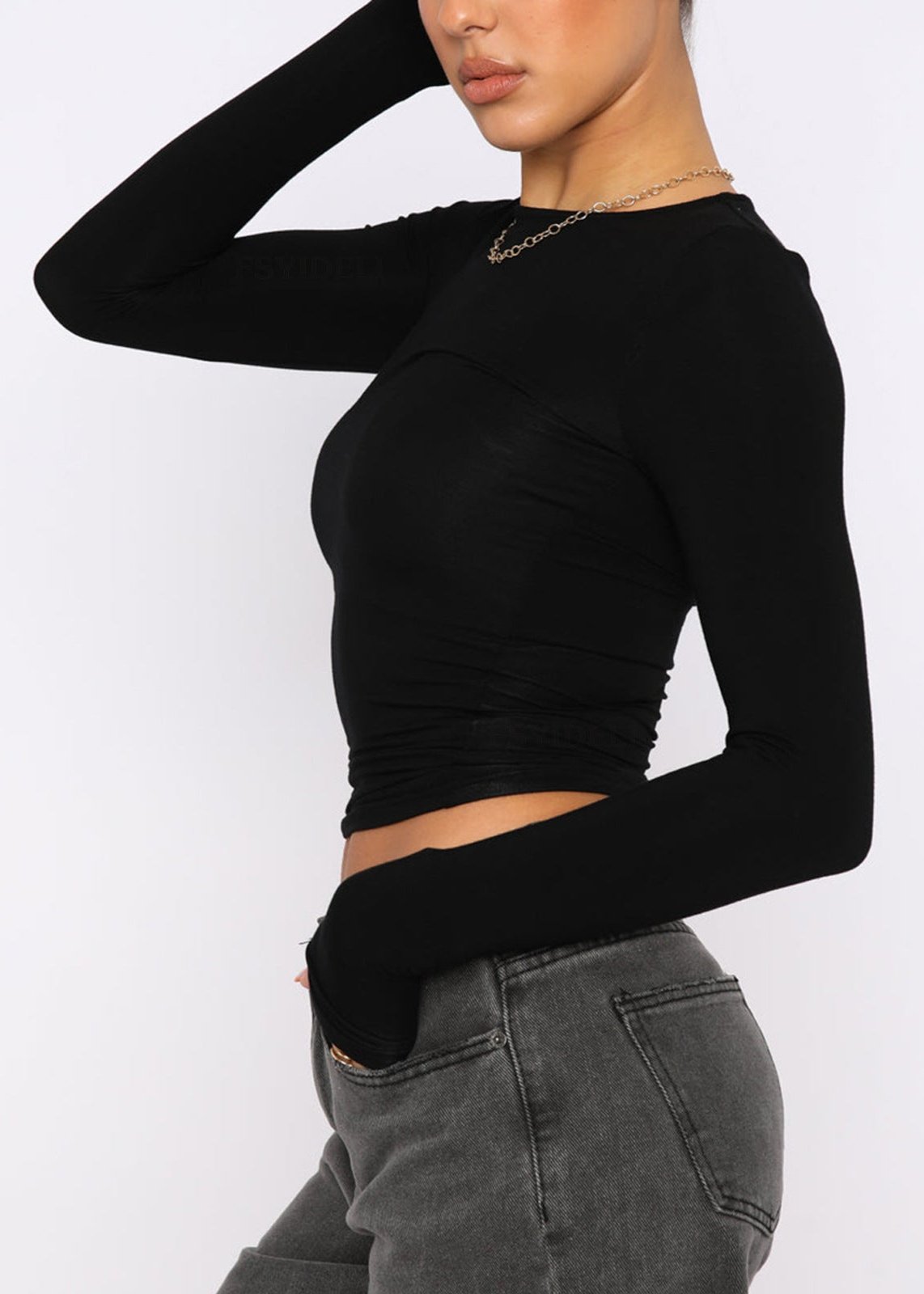 Slim-Fit Long-Sleeve Solid Black Top