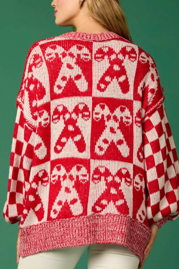 Christmas Candy Plaid Round Neck Long Sleeve Loose Knit Sweater