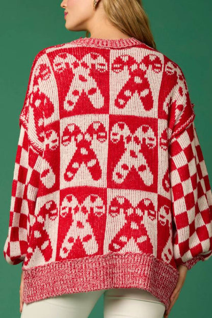 Christmas Candy Plaid Round Neck Long Sleeve Loose Knit Sweater
