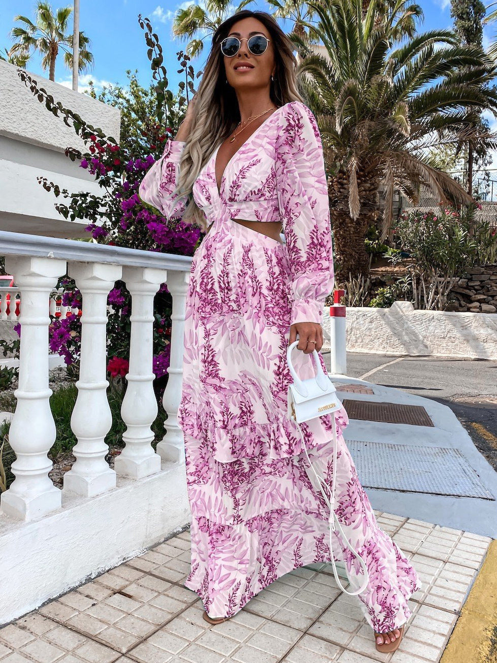 Cutout Leaf Print Maxi Dress for Women - Tropical Lantern Sleeve V Neck Tiered Long Dress - Spring Resort Wear 2026