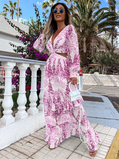 Cutout Leaf Print Maxi Dress for Women - Tropical Lantern Sleeve V Neck Tiered Long Dress - Spring Resort Wear 2026