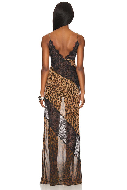 Print Lace Bodice Diagonal Lace Panel V Neck Bodycon Midi Dress
