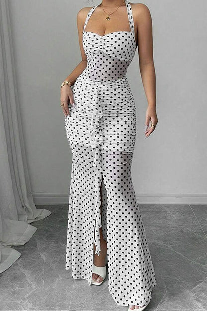 Polka Dot Backless Cami Mesh Maxi Dress