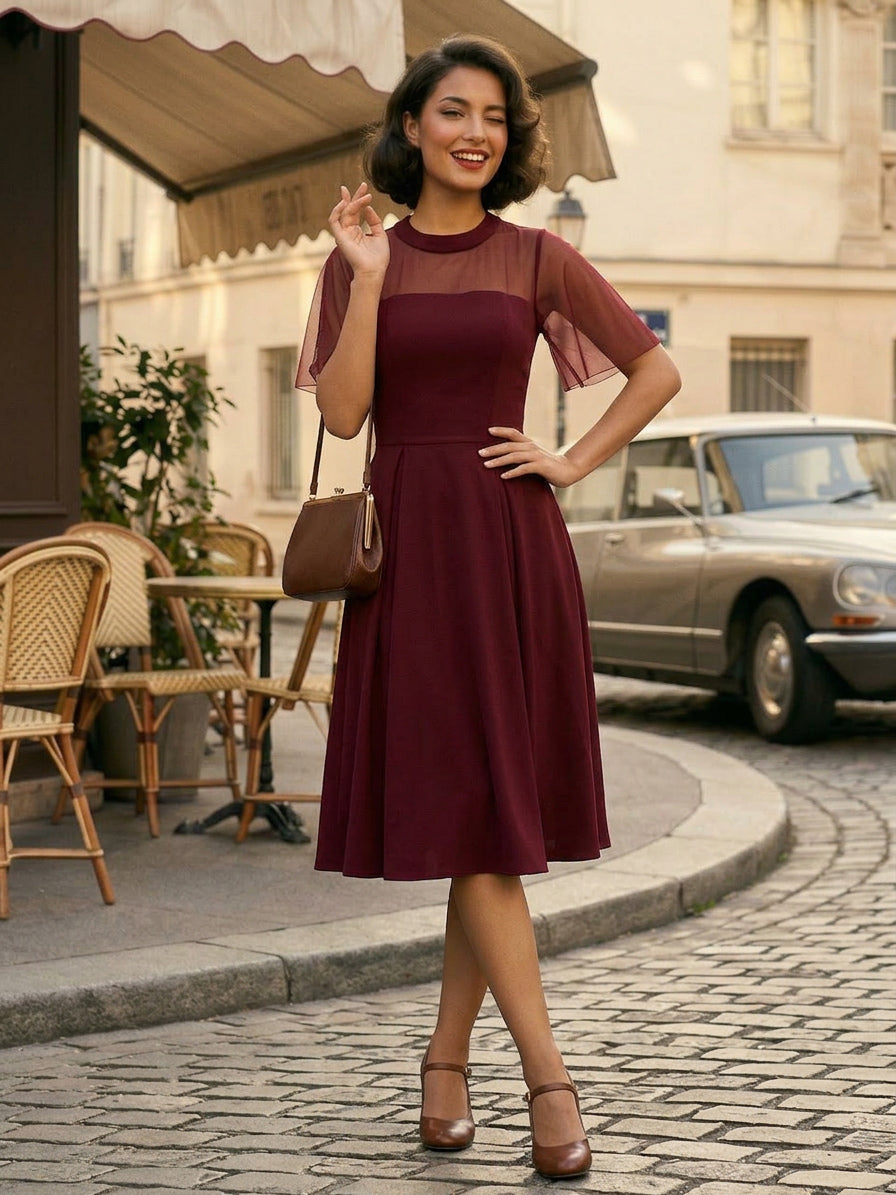 Mesh Patchwork Sheer Sleeve Round Neck Elegant Party Flare Dress For Women 2026