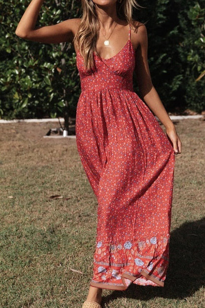 Bohemian Floral V Neck Cami Flare Boho Dress
