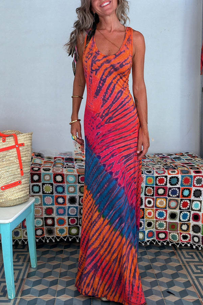 Tie-dye Print Back Lace-up Fishtail Hem Stretch Maxi Dress