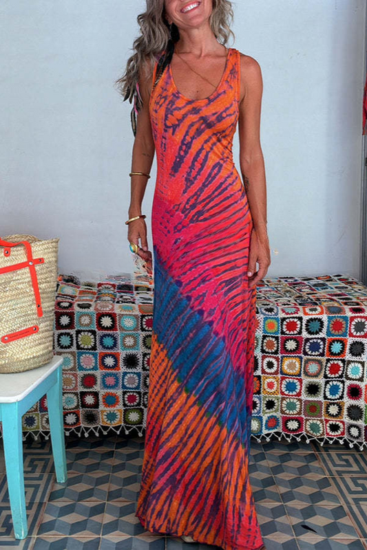 Tie-dye Print Back Lace-up Fishtail Hem Stretch Maxi Dress