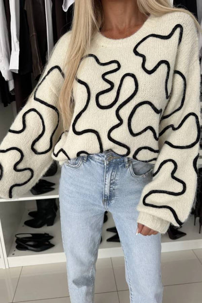 Beautiful Mood Knit Contrast Color Sewing Line Pattern Loose Sweater