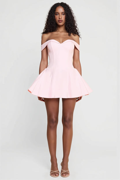 Off-Shoulder Sweetheart Princess Seam Fit and Flare Mini Dress