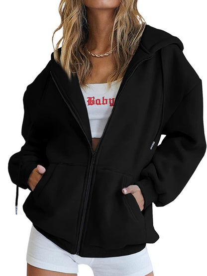Solid Drawstring Zip Up Oversized Hoodie