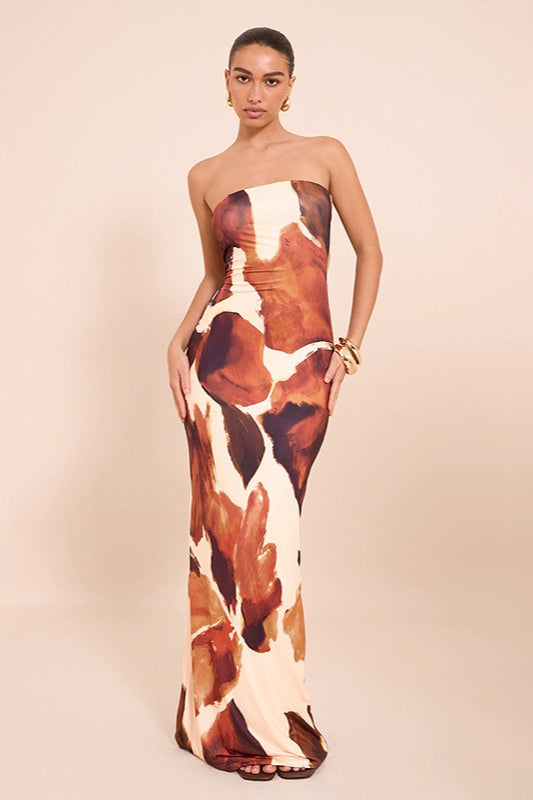 Abstract Print Off-shoulder Strapless Bodycon Maxi Dress
