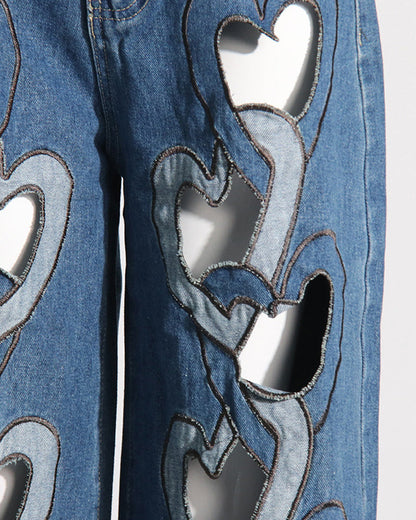 High Waisted Printed Cutout Wide Leg Jeans