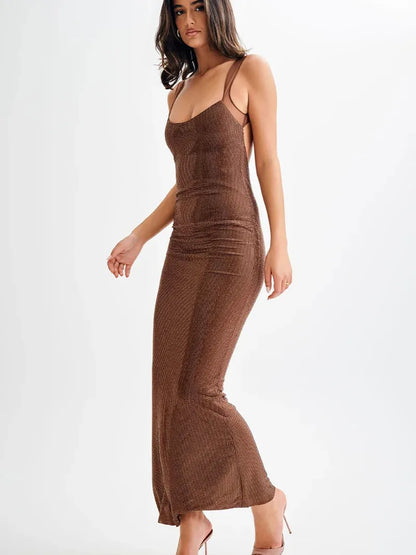 Scoop Neckline Backless Rhinestone Mesh Dress