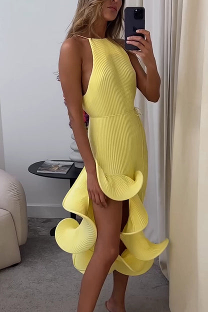Butter Summer Pleated  Sleeveless Waist Tie Irregular Ruffle Dimensional Hem Midi Dress