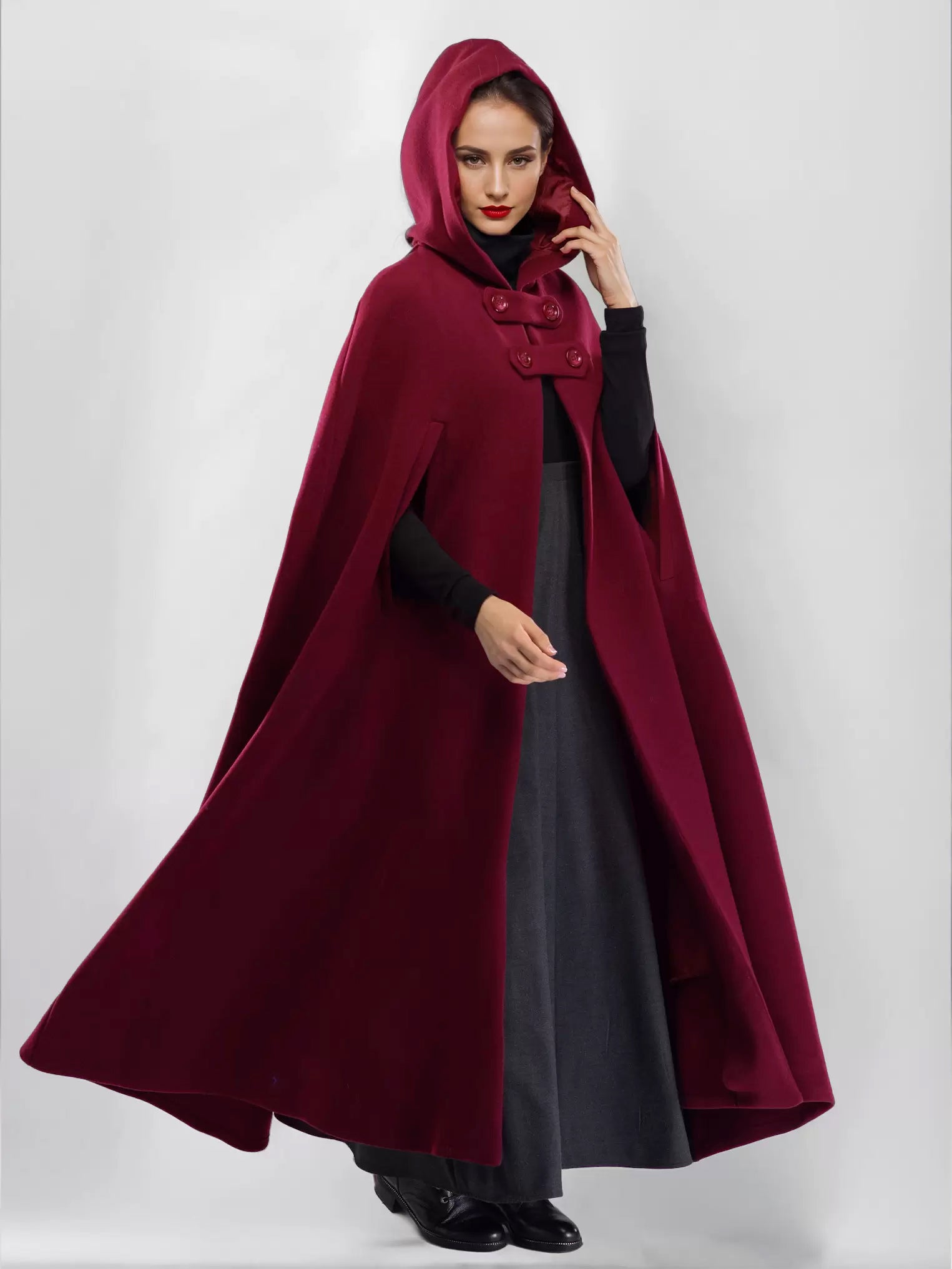 Wool Blend Maxi Cape Coat With Hooded Burgundy Full Length Poncho Oversized Outerwear For Women 2026