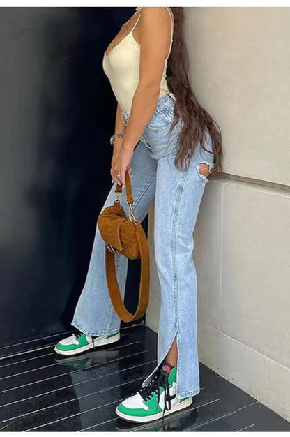 Stretch Ripped Split Hem Jean